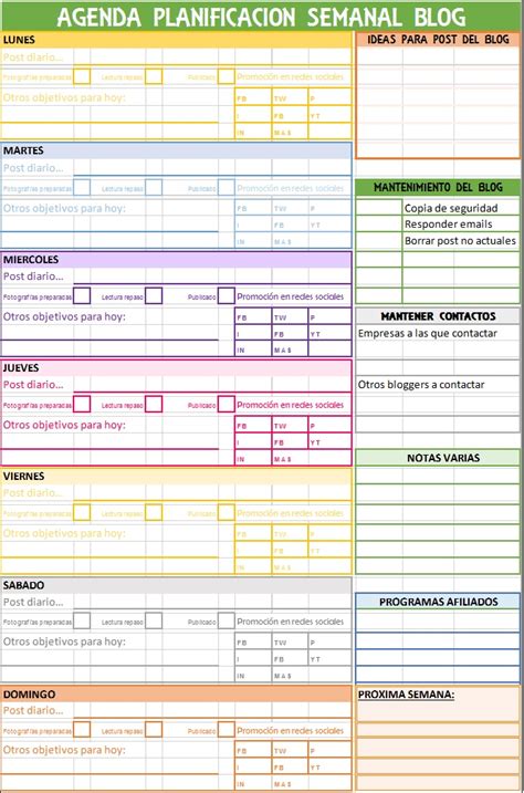 Hojas Excel facil: : Agenda semanal planificar contenidos ...