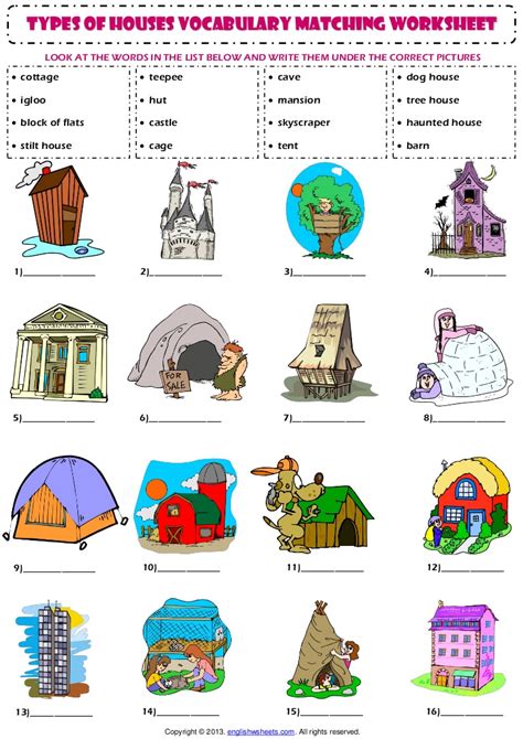 Home house types vocabulary matching exercise worksheet