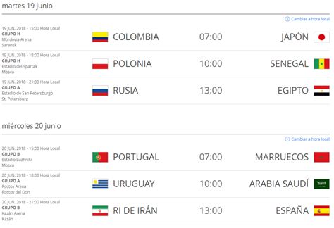 Hora de Colombia de los partidos del Mundial de Rusia ...