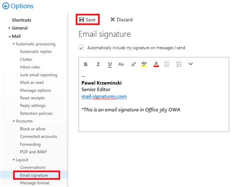 How to add or change an email signature in Office 365 OWA