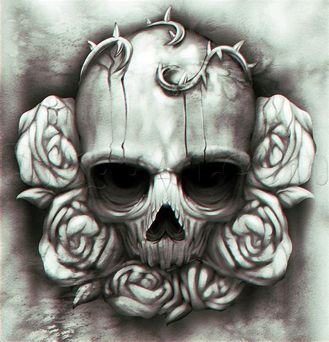 How to Draw a Skull and Roses Tattoo, Step by Step ...