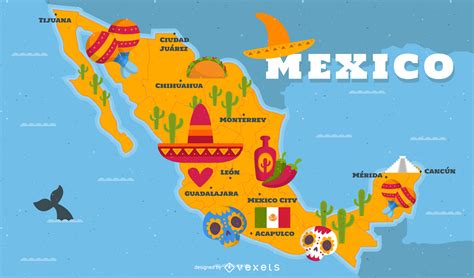 Ilustrado, México, mapa, tradicional, elementos   Baixar ...