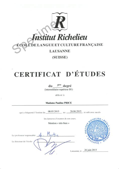 Institut Richelieu, diplôme de l Alliance Française à Lausanne