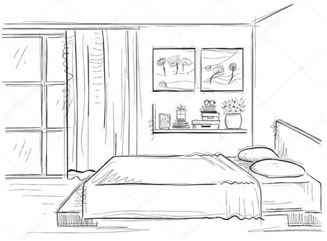 Interior de dormitorio. Mano de vector dibujo ilustración ...
