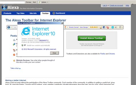 Internet Explorer 10 to New for alexa.com Toolbar – ! null
