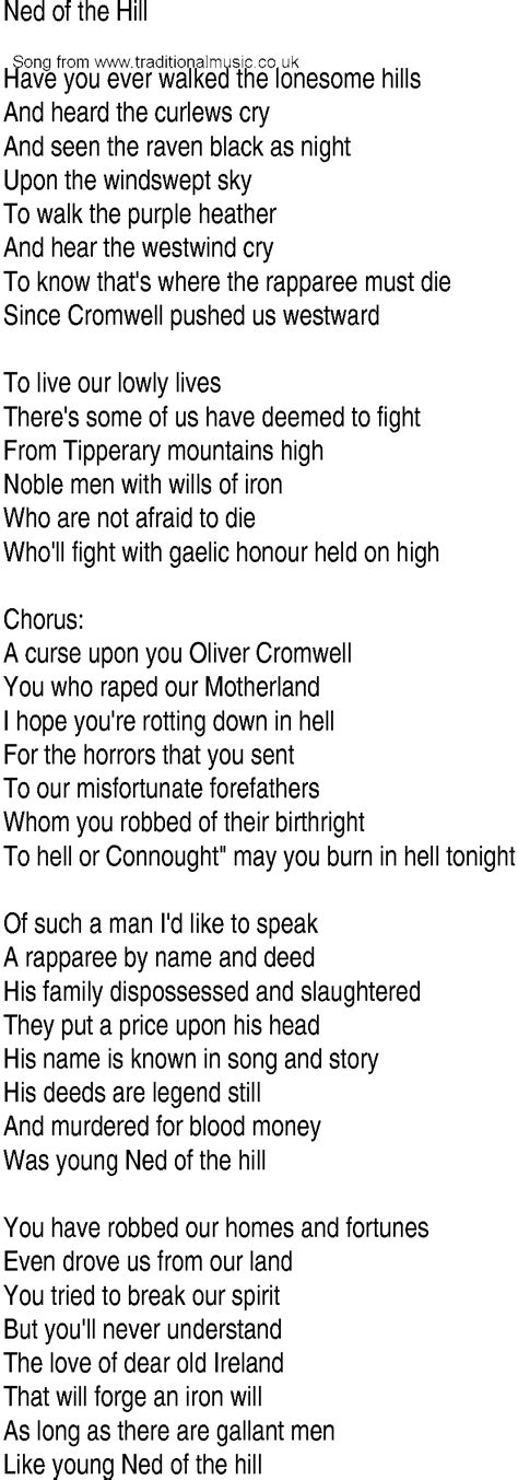 Irish Music, Song and Ballad Lyrics for: Ned Of The Hill