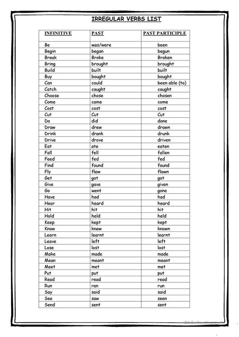 Irregular verbs list worksheet   Free ESL printable ...