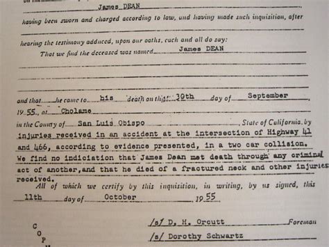 JAMES DEAN AUTOPSY & ACCIDENT Report by James Dean   [hand ...