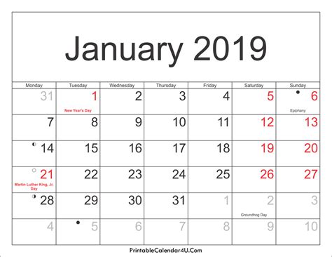 January 2019 Calendar Printable with Holidays PDF and JPG