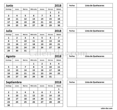 Junio Julio Agosto Septiembre 2018 Calendario en blanco ...