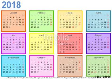 Kalender 2018, jeder Monat in einem andersfarbigen ...