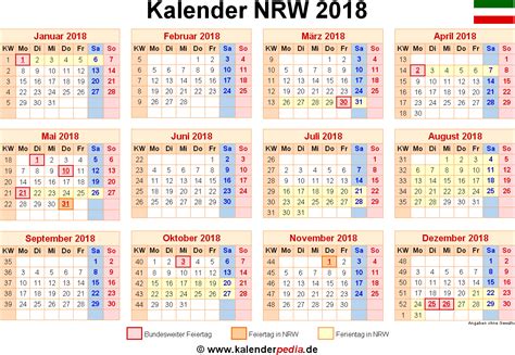 Kalender 2018 NRW: Ferien, Feiertage, PDF Vorlagen