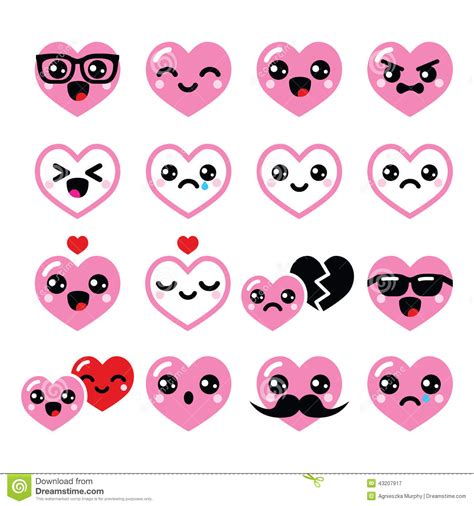 Kawaii Hearts, Valentine s Day Cute Vector Icons Set Stock ...