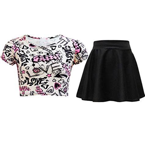 Kids Girls Love Graffiti Crop Top & Black Skater Skirt Set ...