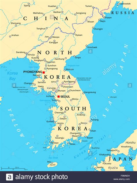 Korean peninsula political map with North and South Korea ...