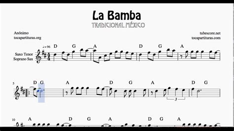 La Bamba Partitura Fácil de Saxo Tenor, Soprano Sax Si ...