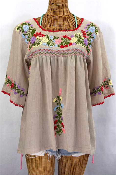 La Marina  Embroidered Mexican Peasant Blouse  Greige