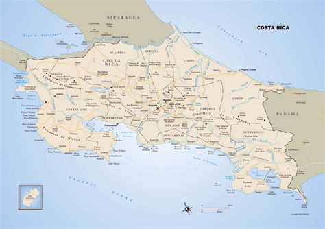 Large political map of Costa Rica with roads, major cities ...