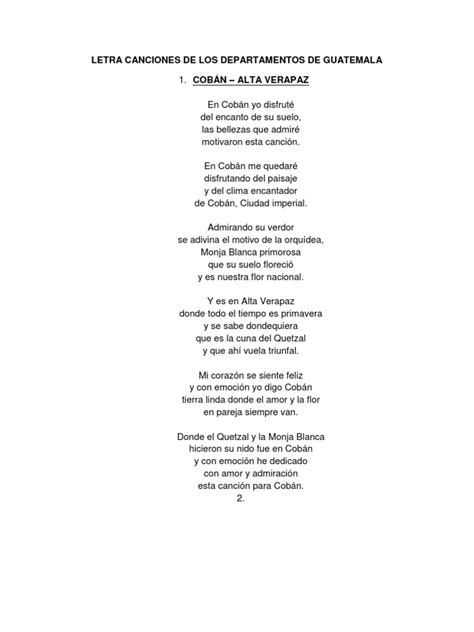 Letra Canciones de Los Departamentos de Guatemala