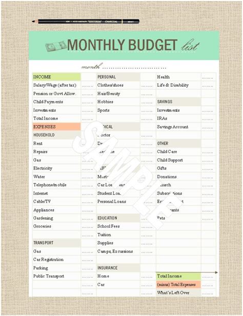 Life s Lists Printable A5 Monthly Budget List