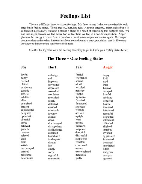 List of Emotions and Feelings Printable Bing