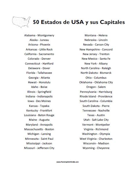 Lista de 50 Estados de USA y sus Capitales Para Imprimir ...