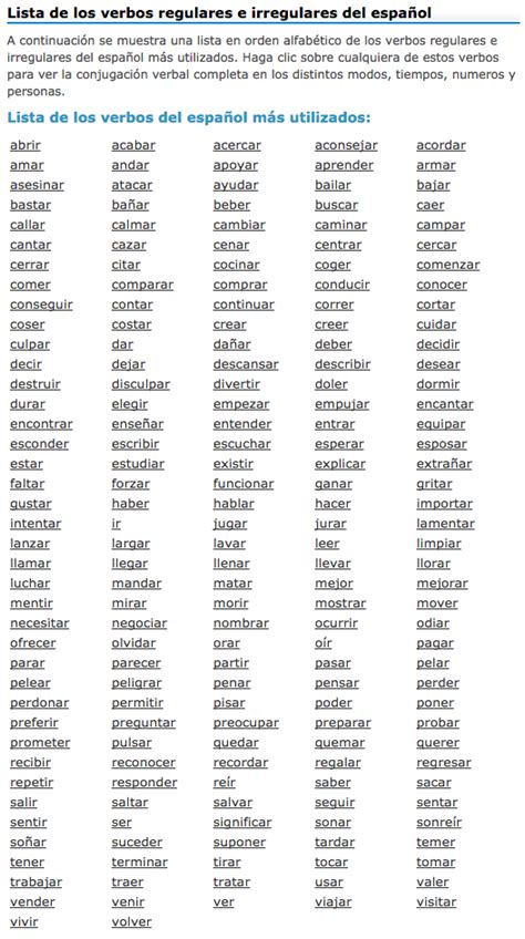 Lista de verbos regulares e irregulares más usados en ...