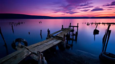 Long time exposure landscape with lake after sunset, Varna ...