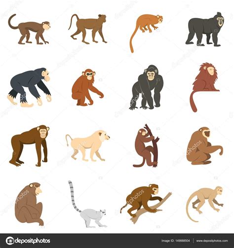Los iconos de tipos de mono situado en estilo plano ...