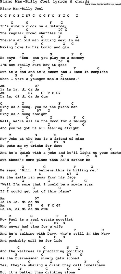 Love Song Lyrics for: Piano Man Billy Joel with chords for ...
