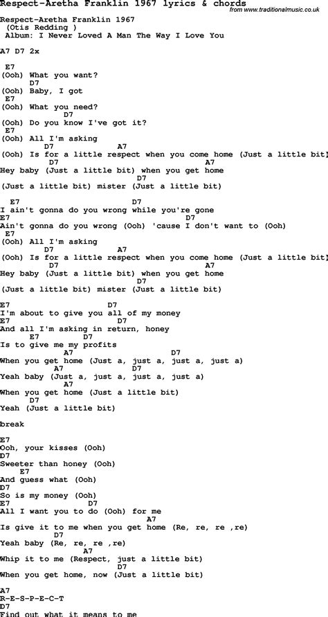 Love Song Lyrics for:Respect Aretha Franklin 1967 with chords.