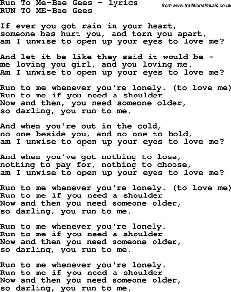 Love Song Lyrics for:Run To Me Bee Gees
