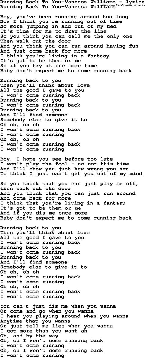 Love Song Lyrics for:Running Back To You Vanessa Williams