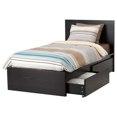 MALM Bed frame, high, w 2 storage boxes Black brown/luröy ...