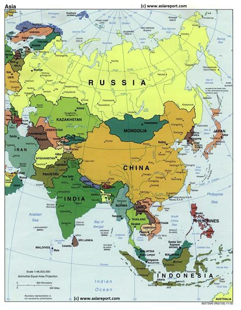 Map of Asia: Political Borders, National Capitals, Cities