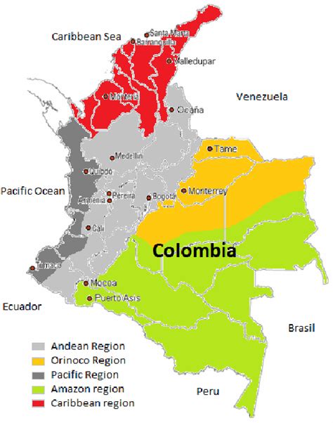 Map of Colombian Regions and principal cities | Download ...