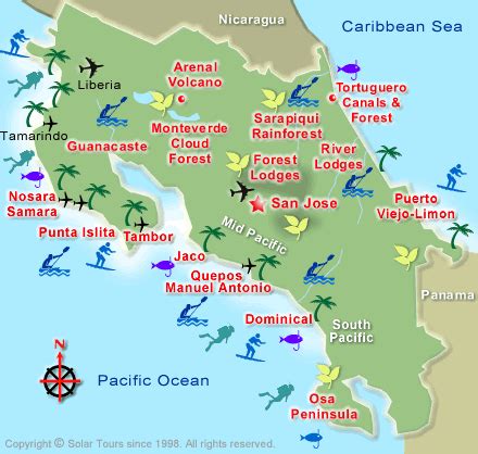 Map of Costa Rica with tourist highlights | Costa Rica ...