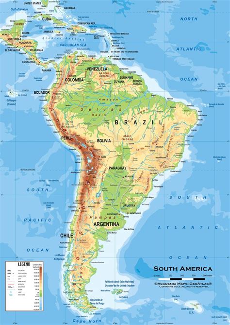 Map of Latin America, South America. physical and ...
