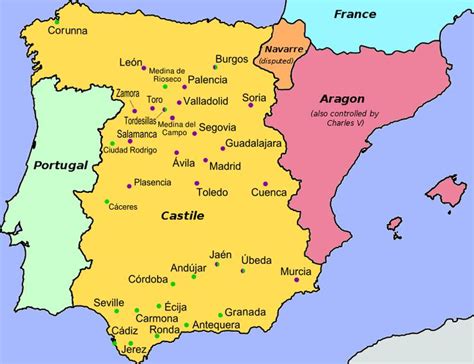Map of Spain with cities colored by affiliation, Revolt of ...