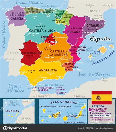 Mapa Colorido Espanha Com Nomes Espanhóis Províncias ...