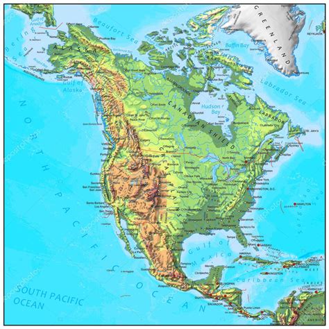 Mapa continente físico de América del norte — Vector de ...