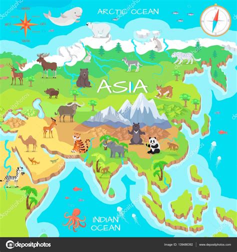 Mapa de dibujos animados de continente Asia con especies ...