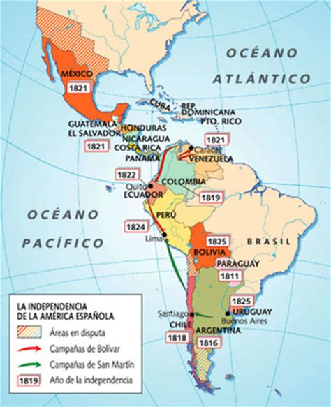 Mapa de los países de América Latina con su fecha de ...