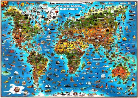 Mapa Mundi Cultural Ilustrado Países Oceanos Mares Cidades ...