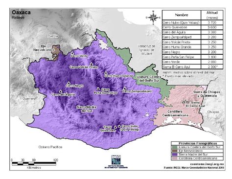 Mapa para imprimir de Oaxaca Mapa en color de montañas de ...