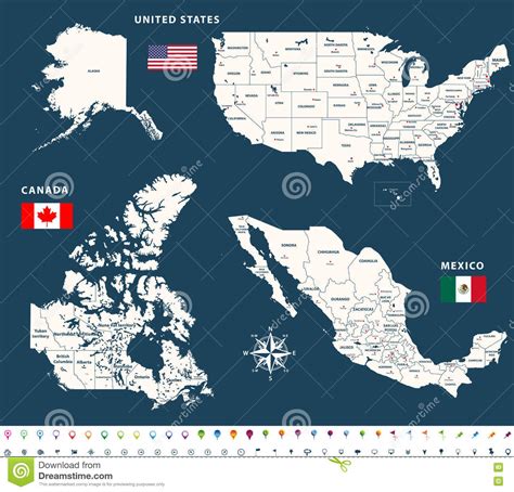 Mapas De Canadá, Estados Unidos Y México Con Las Banderas ...