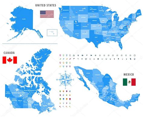 mapas de Canadá, Estados Unidos y México con location ...