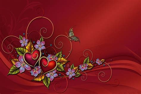 Mariposa, corazones y flores en un fondo rojo  70356