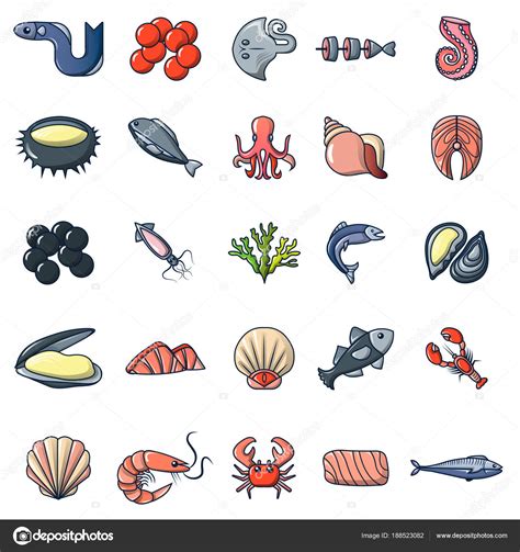 Mariscos pescado ocean iconos conjunto, estilo de dibujos ...