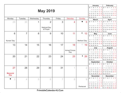 May 2019 Calendar Printable with Holidays PDF and JPG